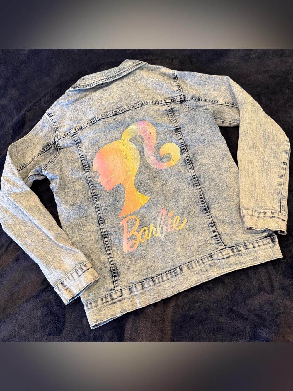 Barbie Light Wash Denim Jacket with Pink and Yellow Logo